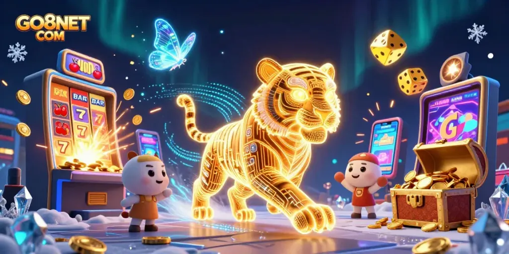Engaging scene of GO8NET COM showcasing a luminous golden tiger in a vibrant casino environment.