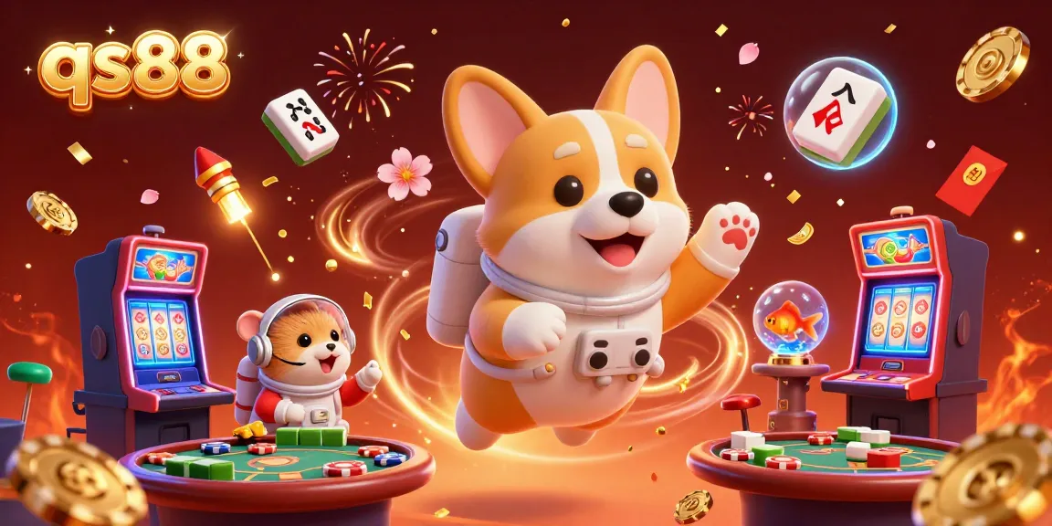 Experience the thrill of qs88 casino with a dynamic 3D illustration of a floating astronaut corgi surrounded by gaming elements.