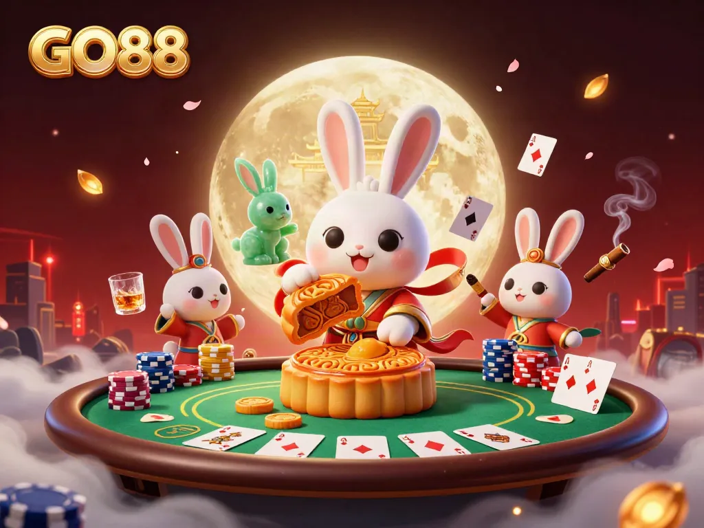 Experience the magical world of GO88 with a moon rabbit and poker chips in this captivating casino scene.
