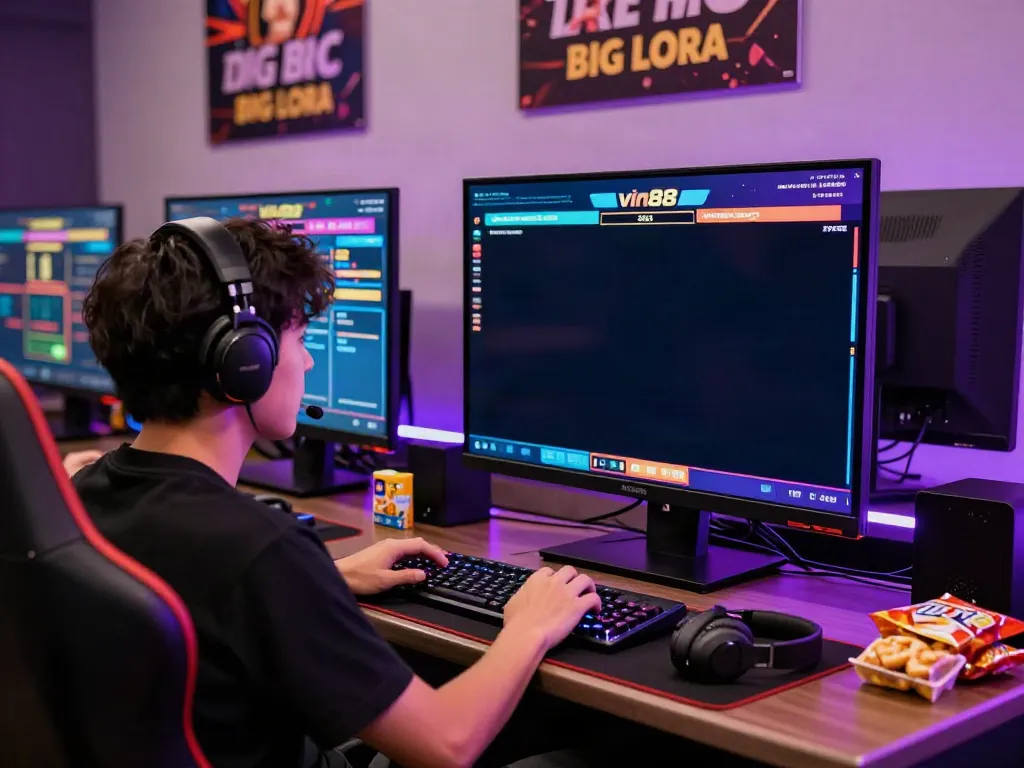 Excited player using vin88 online betting platform at home with gaming equipment and LED lights.