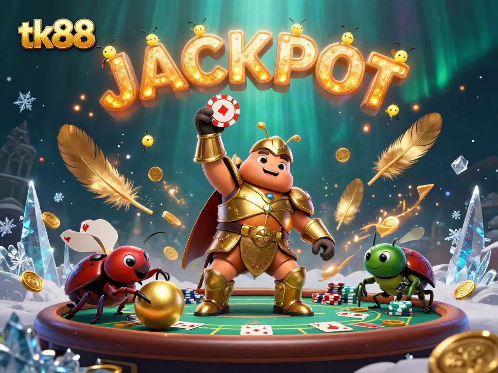 Experience thrilling victories with tk88! 3D cartoon beetles depict an exciting poker moment amidst a vibrant casino.
