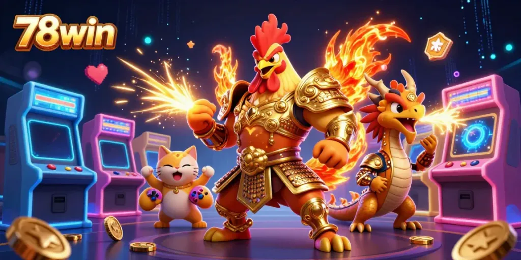 Immerse yourself in the thrilling world of 78win as a fighting rooster warrior and dragon hatchling bring excitement to the casino.