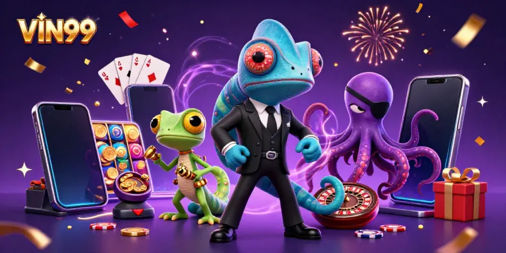 Experience exciting online gaming action with VIN99's vibrant casino atmosphere and dynamic characters.