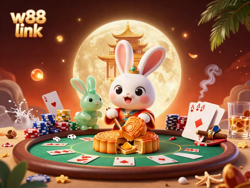 Engage with the thrilling w88 link as our cartoon moon rabbit reveals poker chips hidden in mooncakes.
