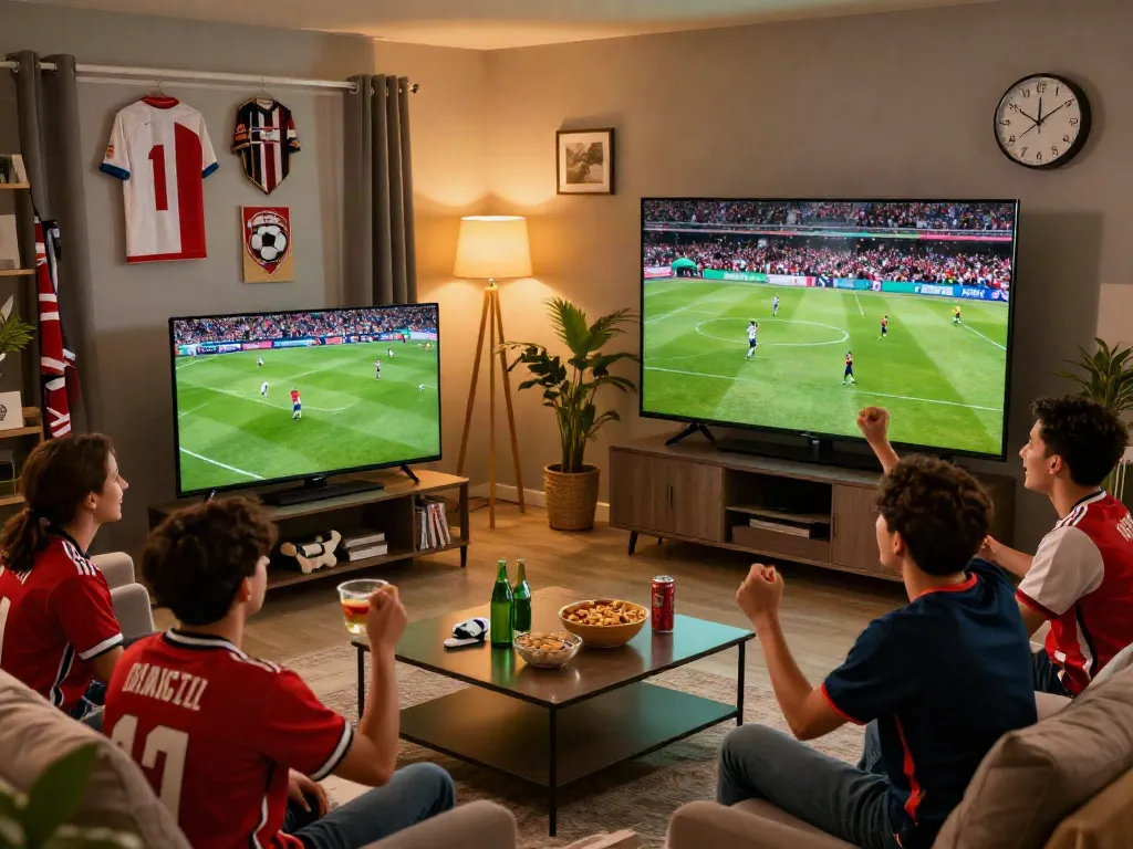 SOCOLIVE fans enjoying a thrilling football match in a lively living room setting