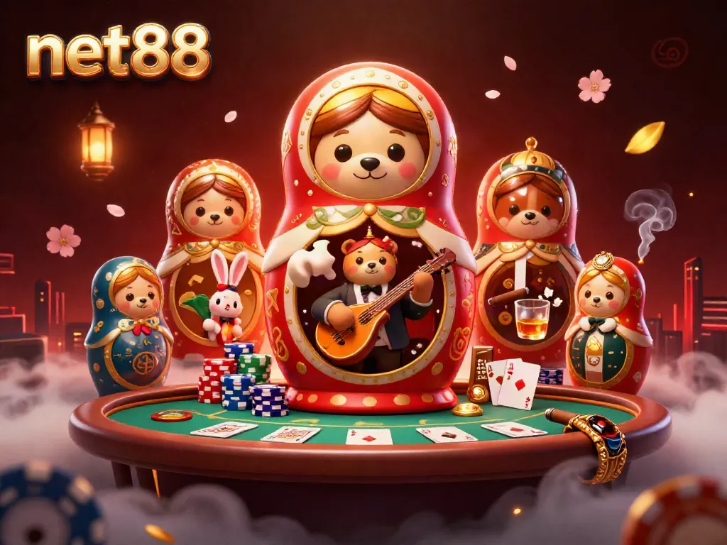 Engage with the thrilling world of net88 through this vibrant casino scene featuring playful characters and poker elements.