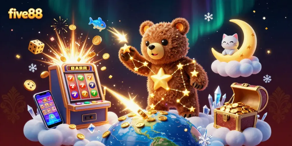 Experience thrilling games at five88 with vibrant slot machines, golden coins, and a whimsical bear character.