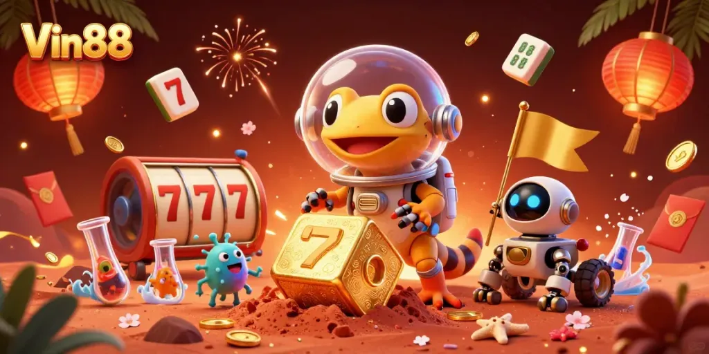 Experience Vin88's vibrant casino scene with a Martian gecko discovering treasures and fun.