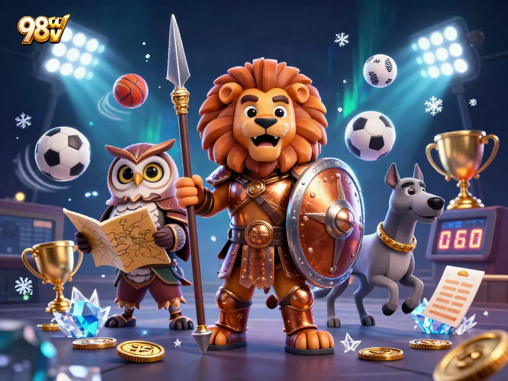 Engage in thrilling gameplay at 98WIN with a dynamic scene featuring sports elements and cartoon characters.