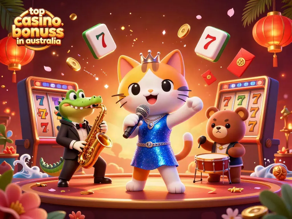 Experience the excitement of top casino bonuses in Australia with vibrant characters on a casino stage.