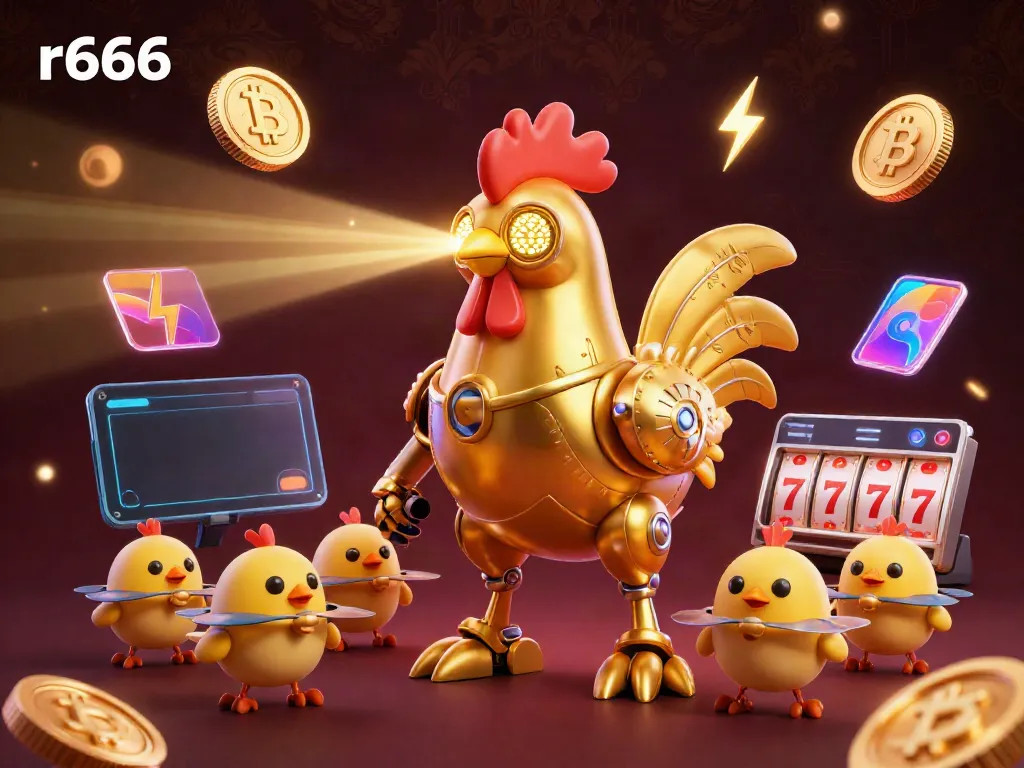 Experience thrilling gameplay at r666 with a vibrant illustration of a futuristic rooster-themed casino.