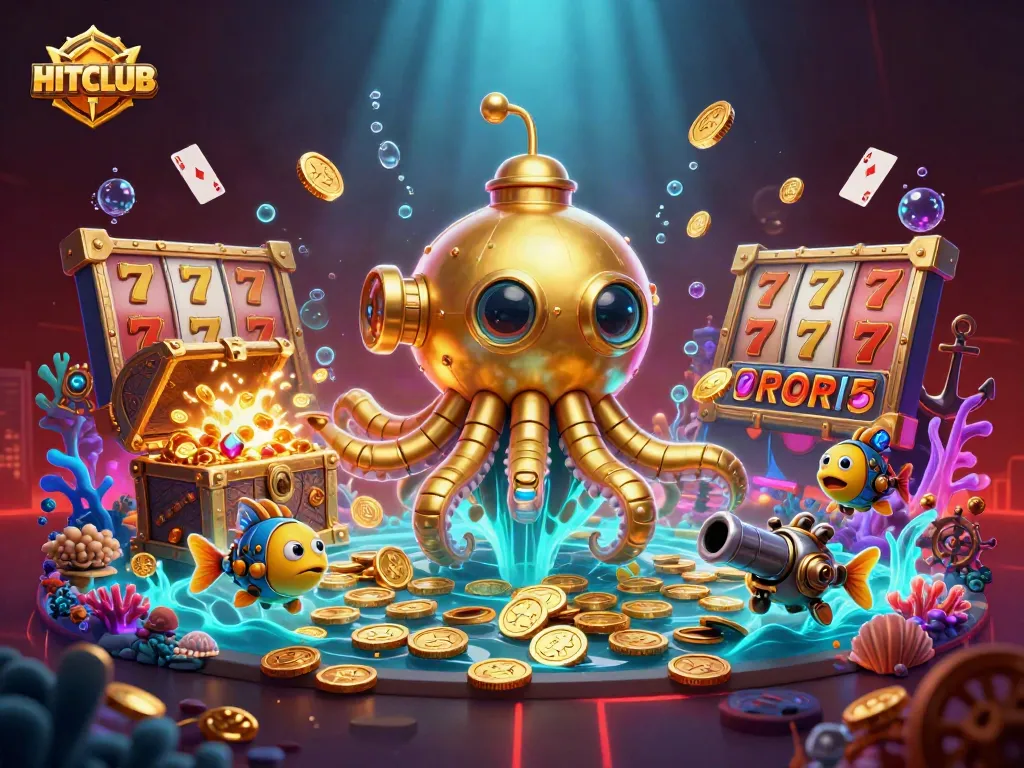 HITCLUB showcases a 3D kraken submarine with golden coins and slot reels for exciting gameplay.