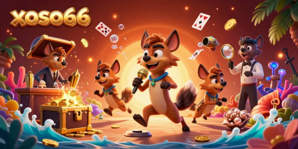 Hyenas entertaining in a xoso66-themed casino with vibrant treasures and exciting gaming elements.