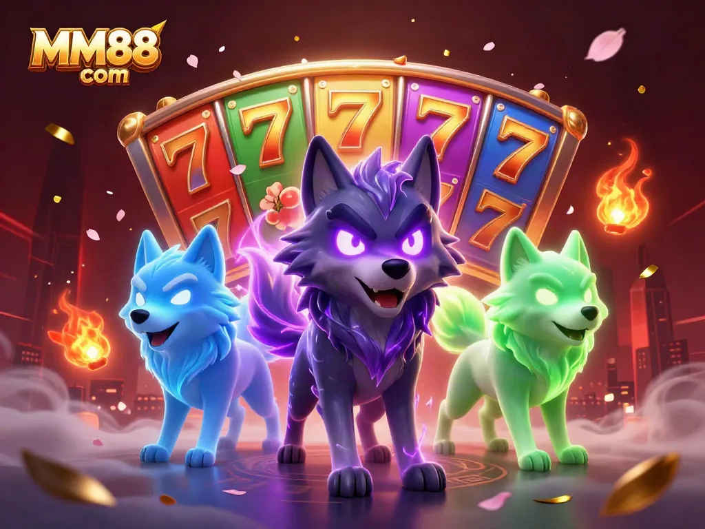 Experience winning excitement at MM88 com with vibrant slot reels and energetic wolf characters.