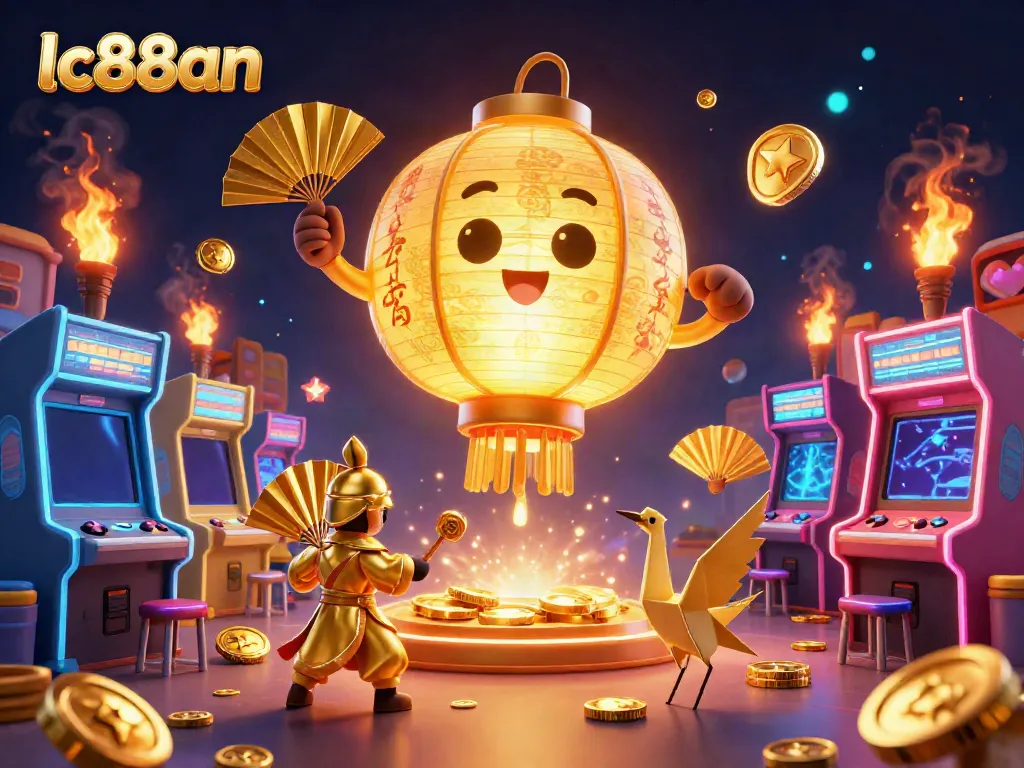 Engage with lc88an's vibrant casino gaming experience through a colorful 3D illustration showcasing arcade elements, lucky symbols, and entertainment.