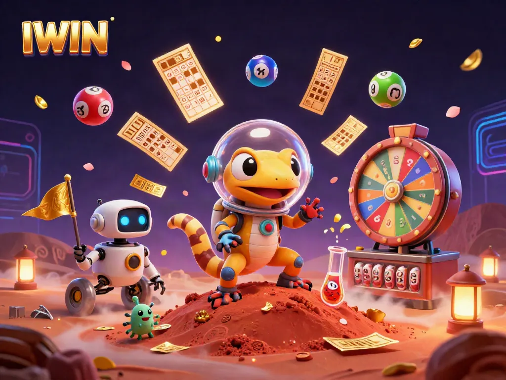IWIN casino scene with a Martian gecko and robot exploring a golden casino environment