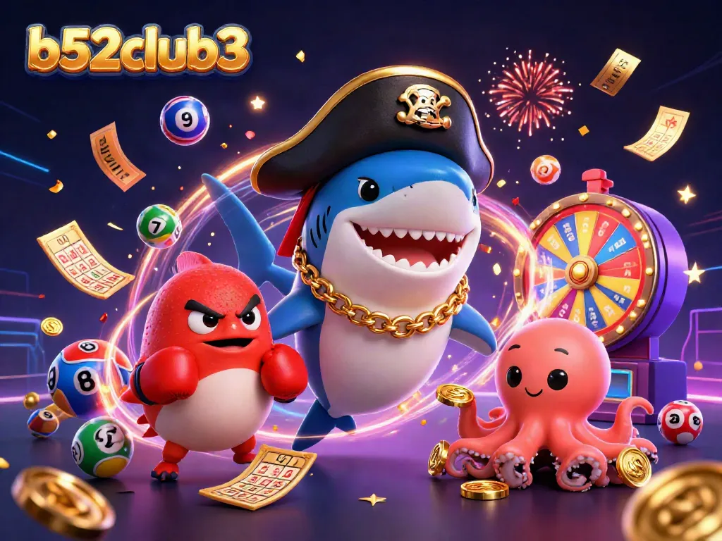 b52club3 players celebrate wins with lively characters and vibrant game elements in a digital casino scene.