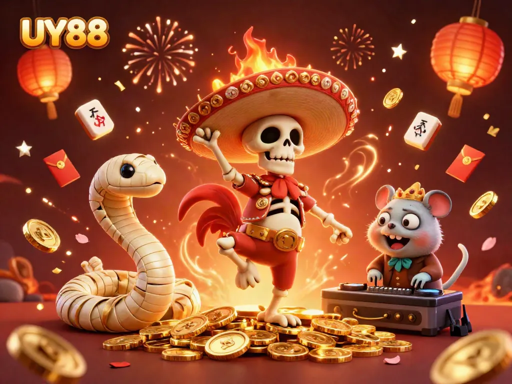 Experience excitement with UY88's vibrant 3D casino illustration featuring dynamic characters and festive elements.