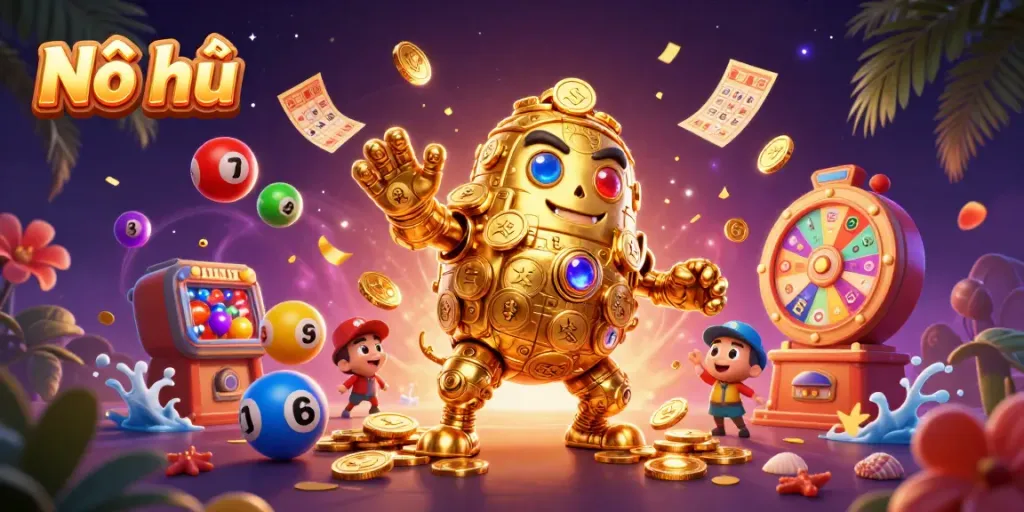 Engage in Nổ hũ gaming with a golden golem and vibrant lottery elements in a dynamic casino scene.