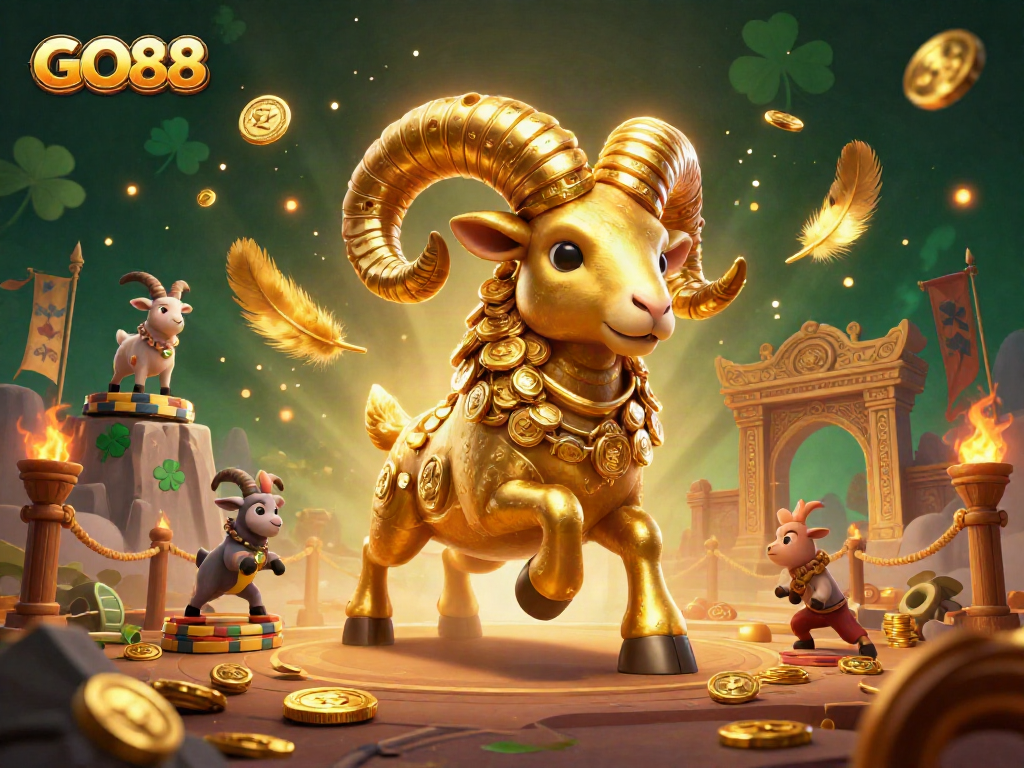 Join the excitement at GO88, featuring a golden ram charging through a vibrant casino scene.