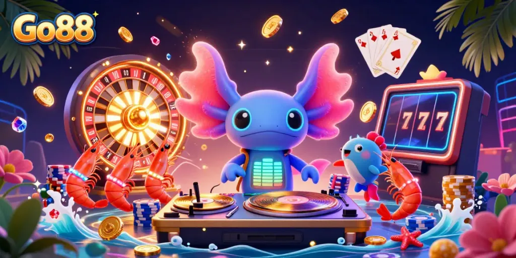 Experience the thrill of Go88 with a vibrant 3D casino scene featuring games and festive characters.
