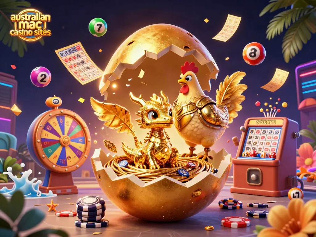 A vibrant 3D illustration showcasing the australian mac casino sites with a golden dragon and dynamic casino elements.