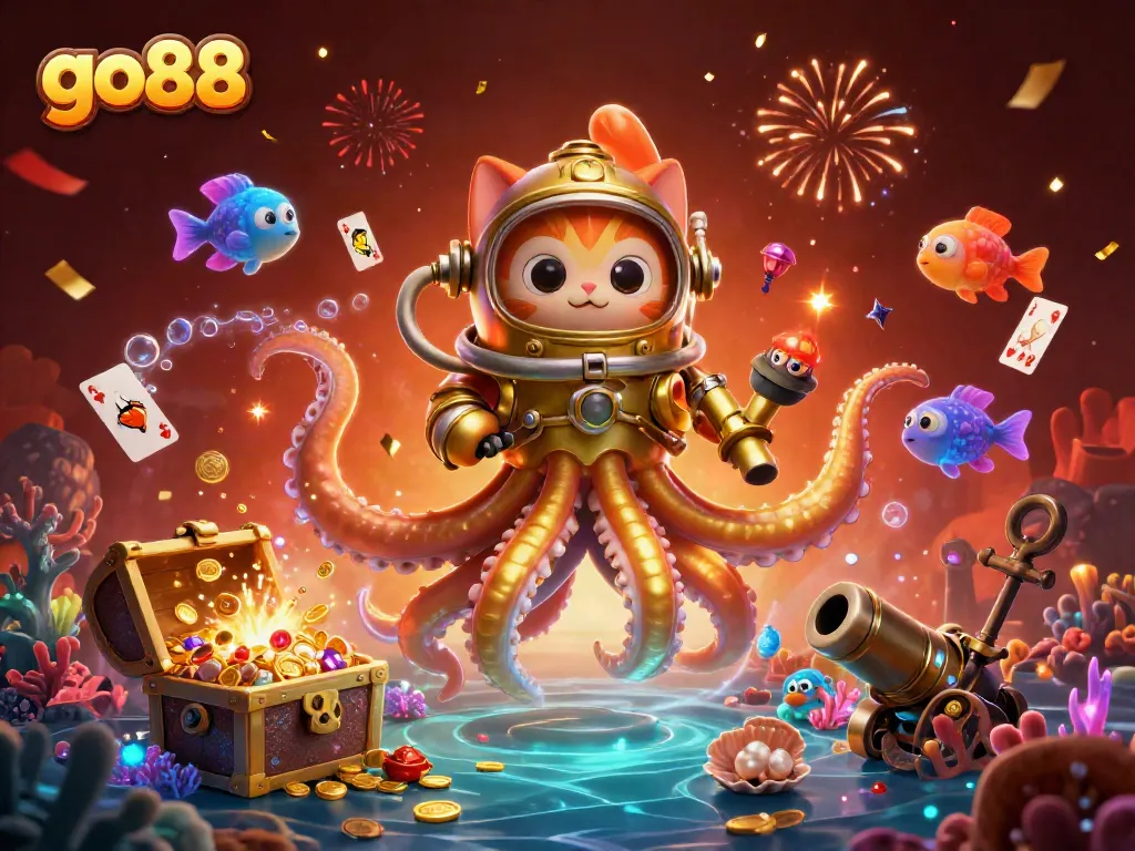 Experience thrilling gameplay at go88 with a vibrant 3D casino illustration featuring an animated kraken and diving cat.