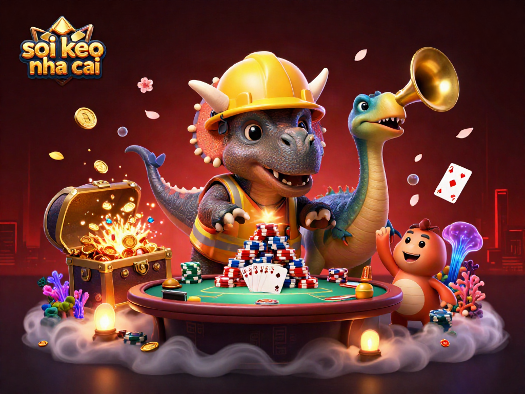 Soi keo nha cai showcases a 3D triceratops stacking poker chips amidst vibrant casino elements.