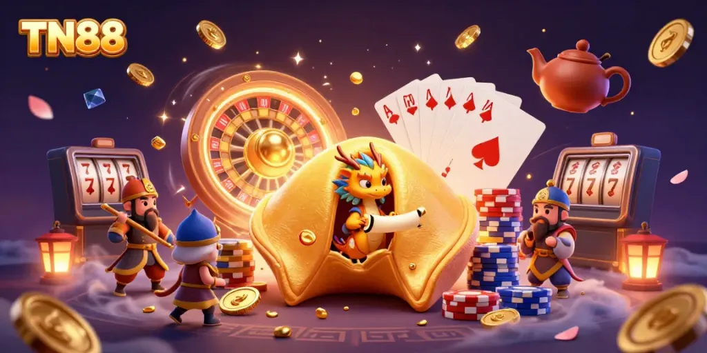 Experience the TN88 adventure with a dragon amidst casino treasures, showcasing golden fortune elements.