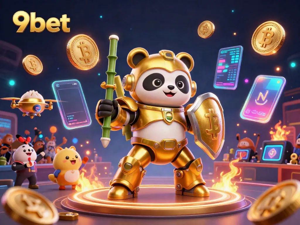 Experience thrilling action at 9bet's casino arena with a golden panda pilot and vibrant crypto elements.