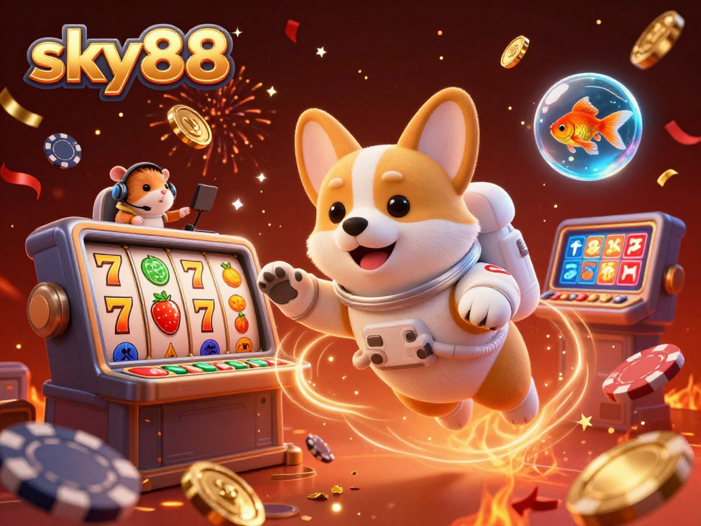 Experience excitement at sky88 with dynamic casino elements and engaging characters in a floating casino scene.