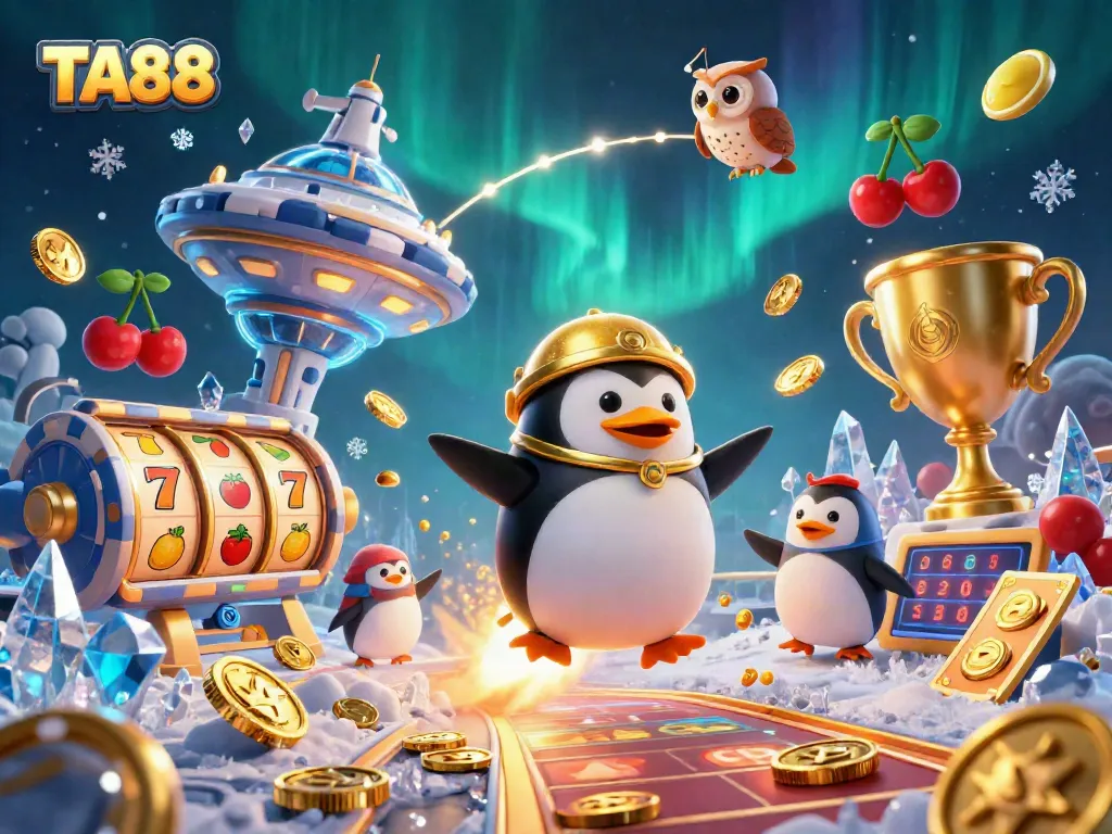 TA88 penguin launches into a vibrant casino universe with jackpot reels and gold coins.