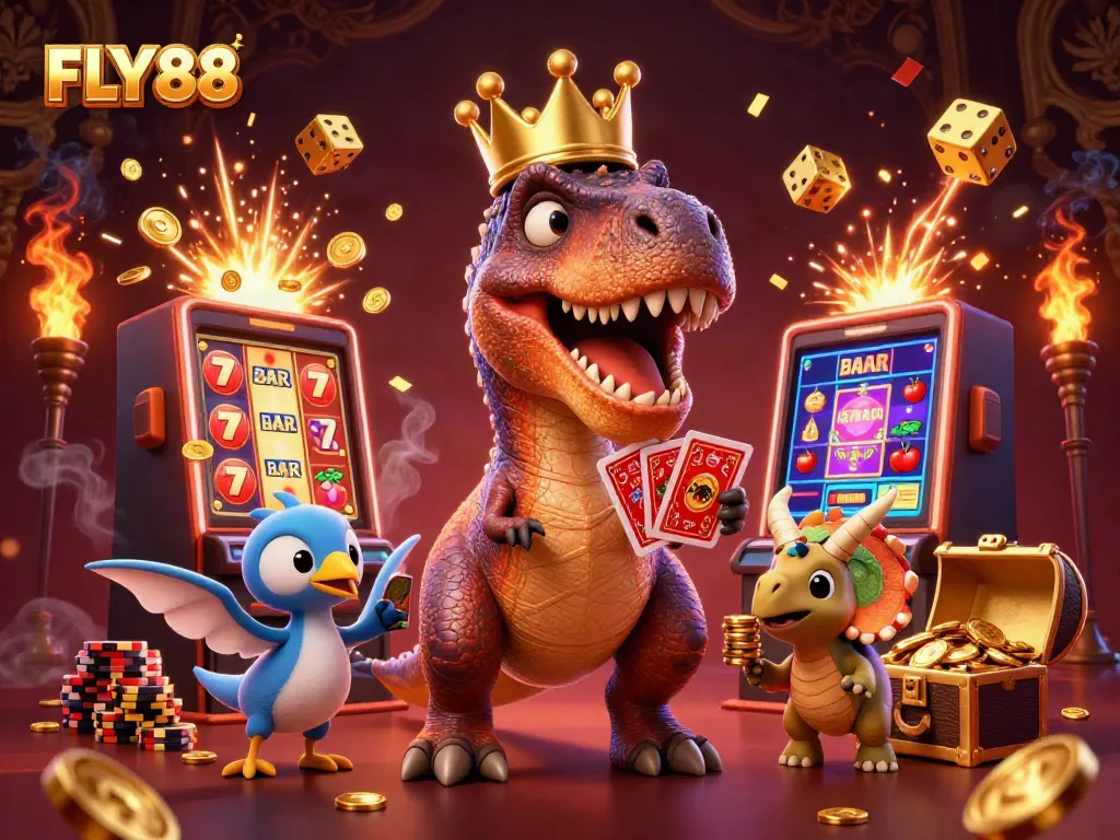 FLY88 energizes casino play with a T-Rex shuffling cards and a pterodactyl in an explosive jackpot scene