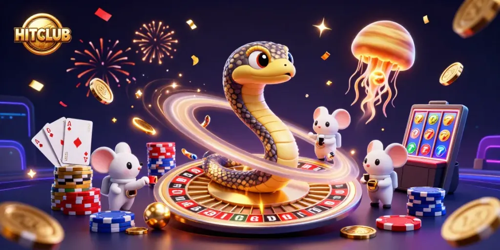 Experience the excitement of HITCLUB with a dynamic 3D casino scene featuring roulette, poker, and cosmic elements.
