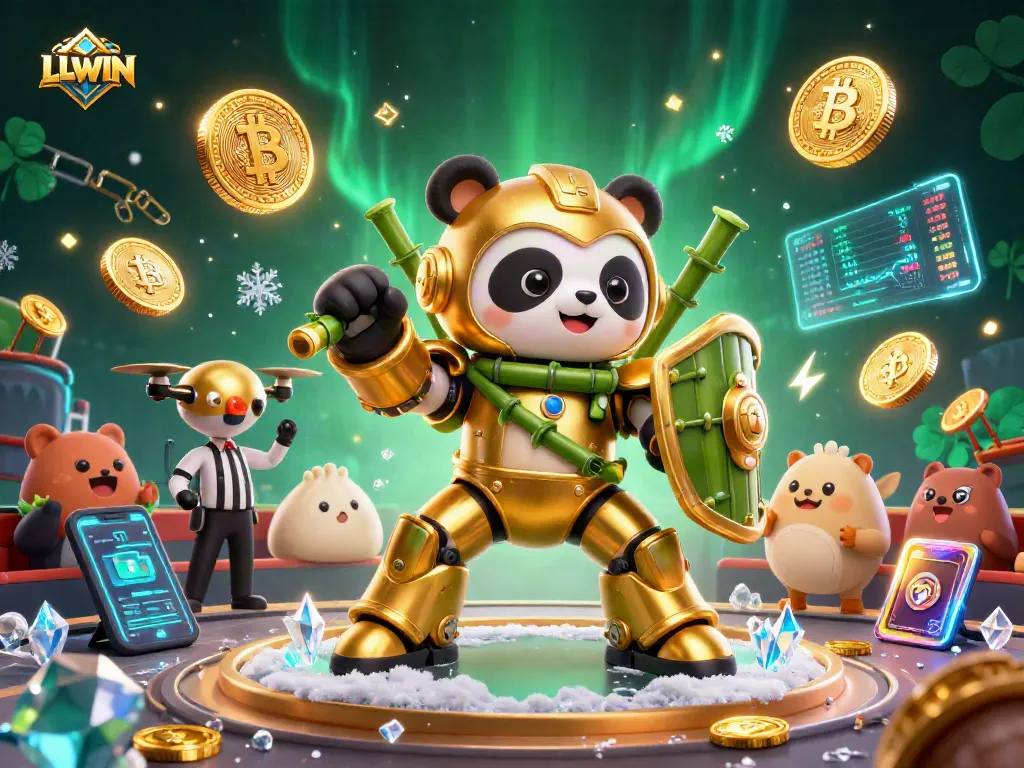 Experience LLWIN’s dynamic casino action with a panda in mech-suit battling amidst crypto elements.