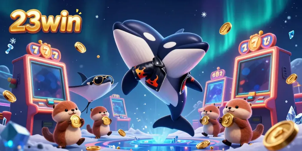 Experience thrilling moments at 23win with vibrant casino elements and energetic characters in an oceanic adventure.