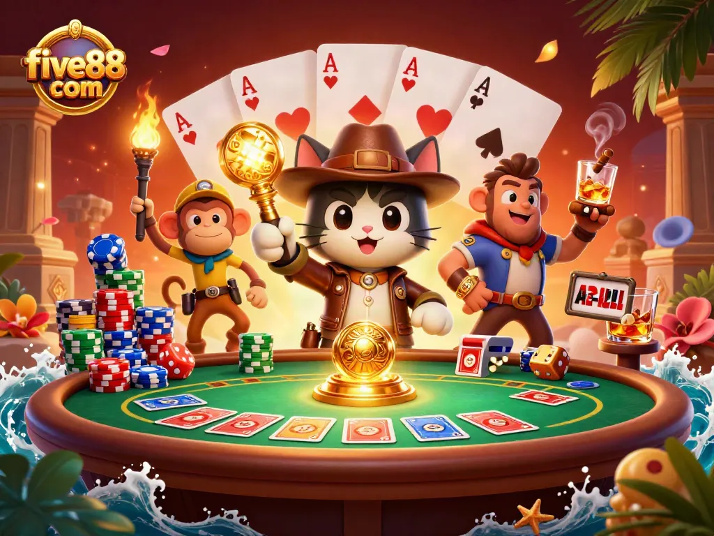 Experience the thrill of gaming at five88 com where a cat archaeologist finds golden artifacts amid poker tables.