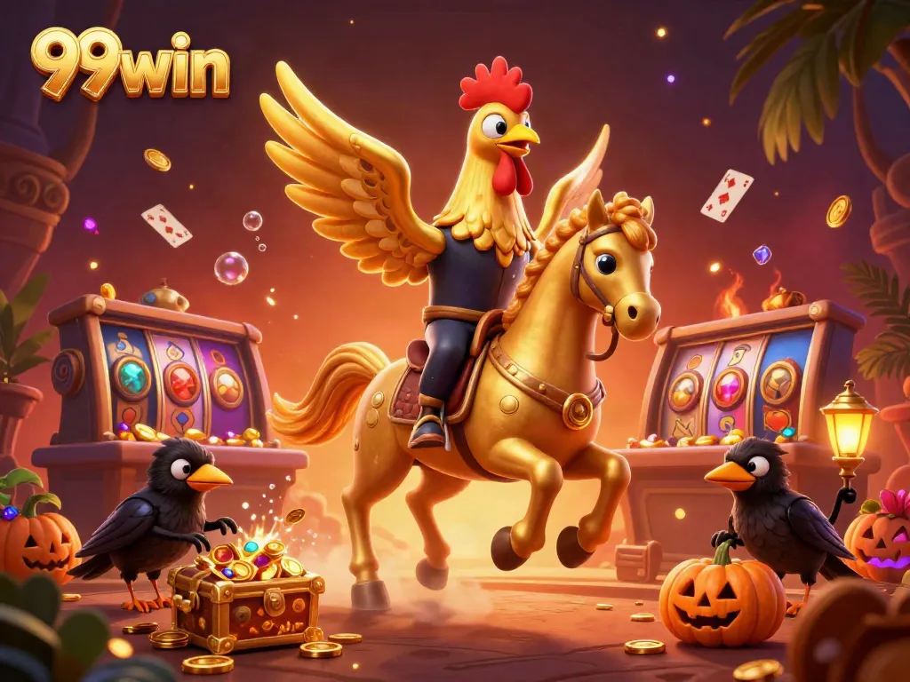Experience the thrill of 99win with a dynamic casino scene featuring a golden rooster and treasure.