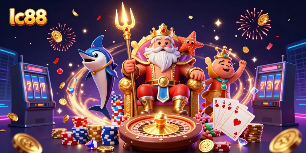 Experience excitement with lc88 as sea king Neptune reigns over a bustling casino scene.