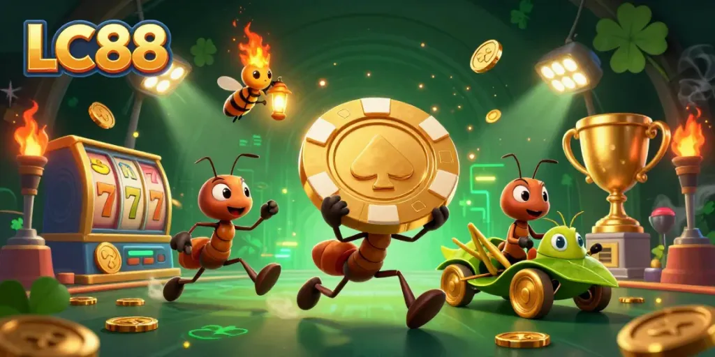 Experience thrilling gaming at LC88 with ants carrying giant poker chips through a vibrant casino scene.