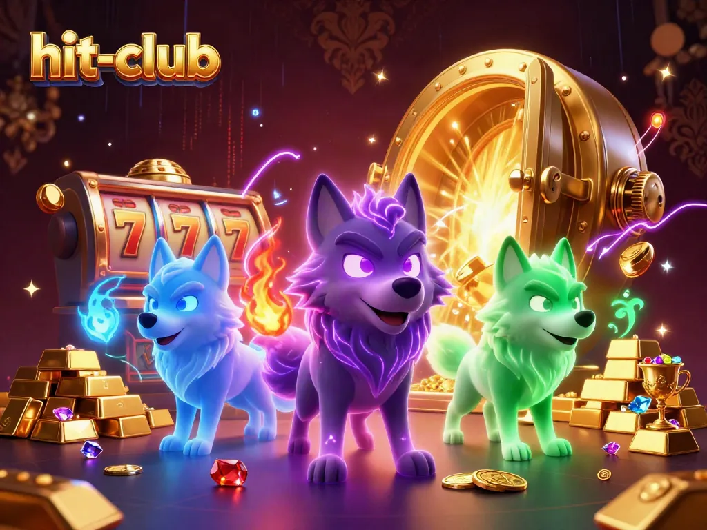 Engage in excitement at hit-club with a dynamic 3D illustration showcasing a wolf leader amid casino treasures.