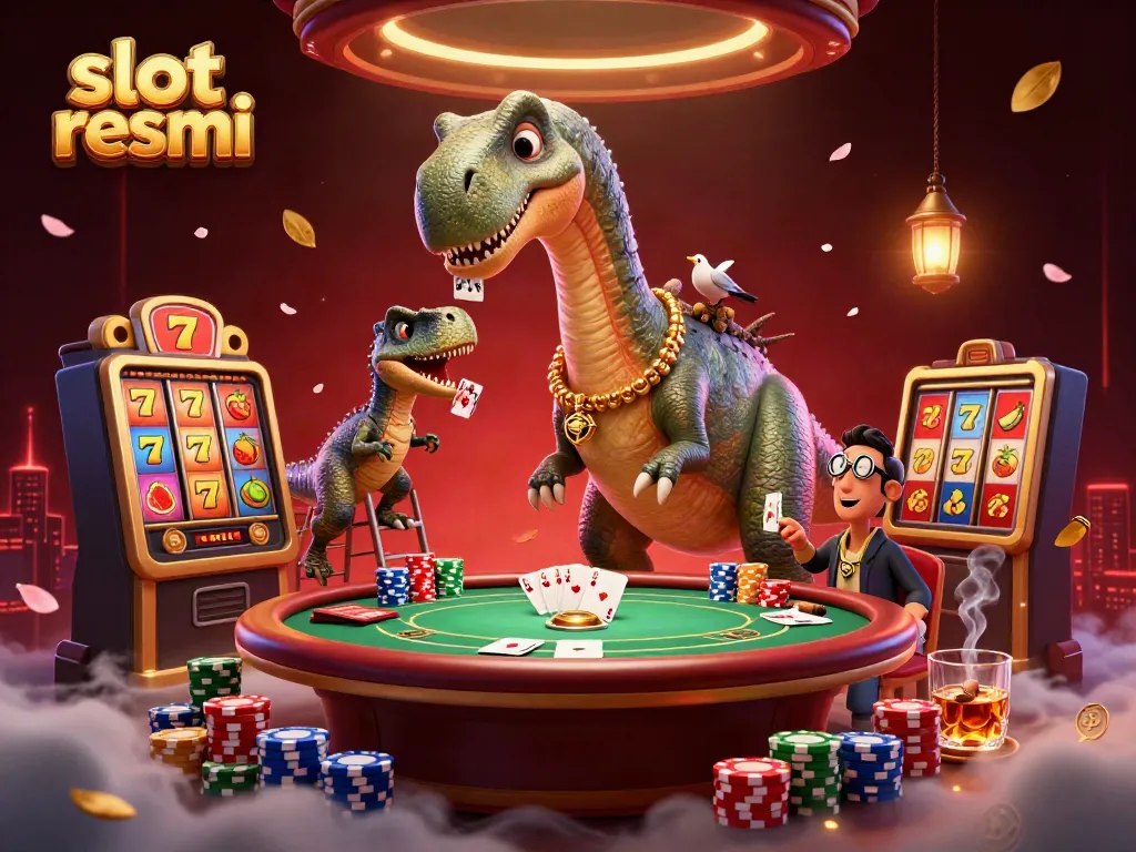 Experience the excitement of slot resmi with a playful 3D illustration of a giant brontosaurus overseeing a lively casino scene.