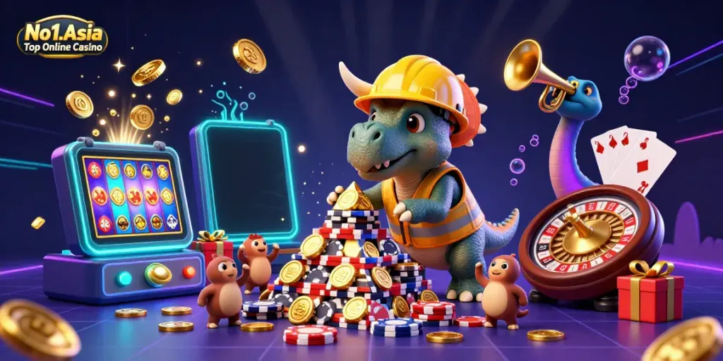 Witness the excitement of gaming at No1.Asia Top Online Casino with a 3D triceratops building poker chips.