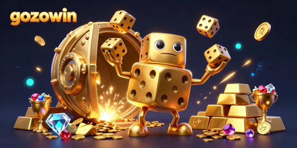 Engage with the exciting gozowin action, featuring a golden dice golem amidst glittering treasures.