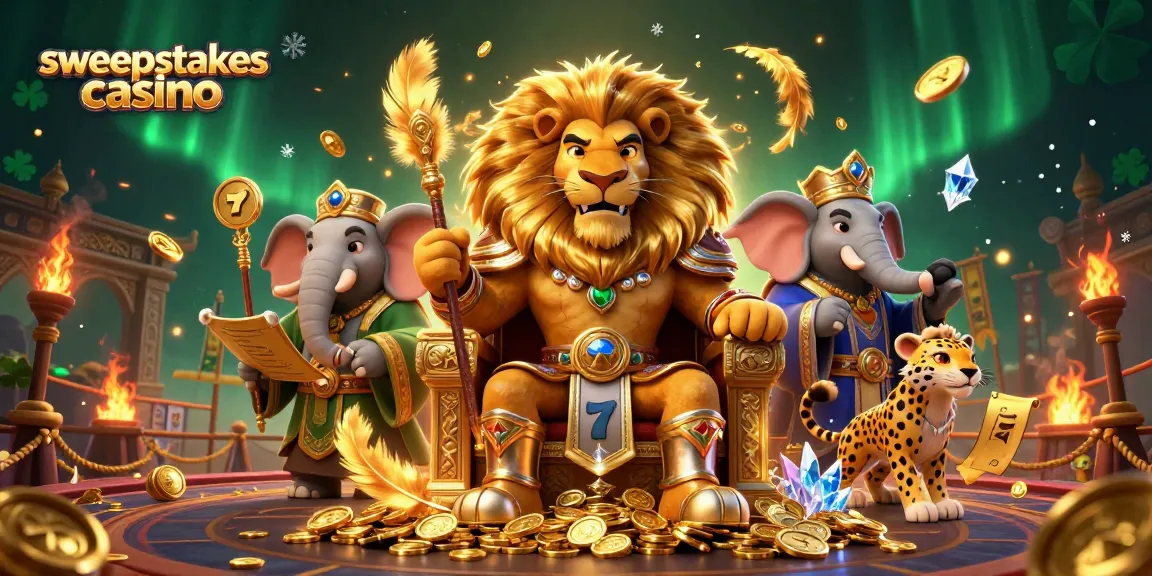 Experience the thrill of sweepstakes casino gaming featuring a lion king, elephant advisor, and cheetah messenger.