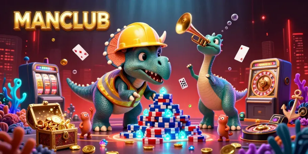 Experience exciting gaming dynamics with MANCLUB's thrilling casino illustration featuring unique characters celebrating game wins.