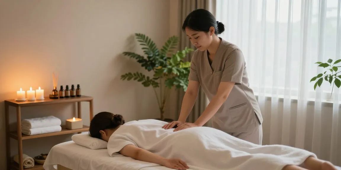 Relaxation therapy scene showcasing 용인출장마사지 with professional therapist and serene studio ambiance.