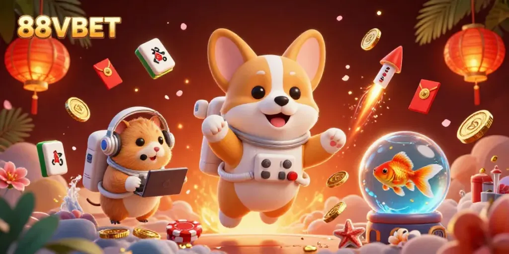 Experience the excitement of 88VBET in a vibrant casino scene with floating characters and gambling elements.