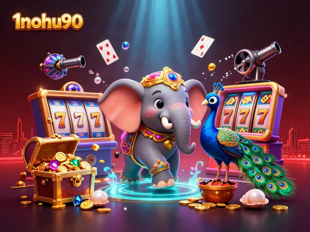 Experience thrilling jackpot wins at 1nohu90 with vibrant 3D casino-themed characters and elements.