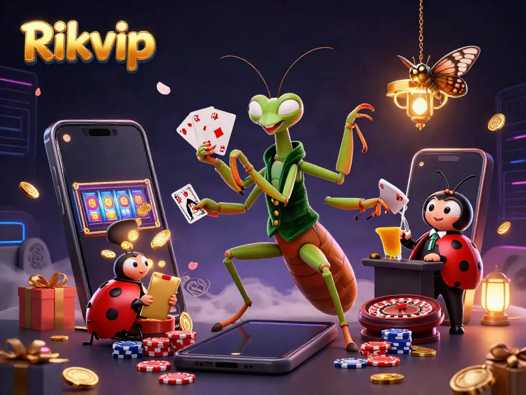 Experience thrill at Rikvip with a giant mantis card dealer and vibrant slot games.